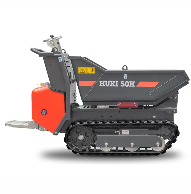 Raupendumper HUKI 50H mit hydraulischer Kippmulde, ideal für den Materialtransport auf engen Baustellen.